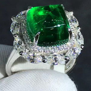 Gorgeous Classic 5.8 Carat Cabochon Cut Lab Grown Emerald Double Halo Plain Shank Ring - 9K, 14K, 18K Solid Gold and 950 Platinum