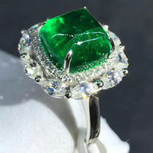 Load image into Gallery viewer, Gorgeous Classic 5.8 Carat Cabochon Cut Lab Grown Emerald Double Halo Plain Shank Ring - 9K, 14K, 18K Solid Gold and 950 Platinum