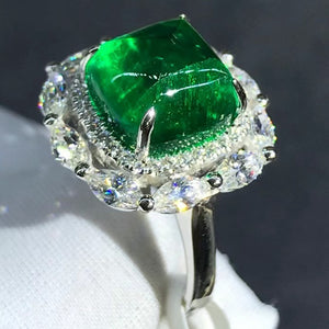Gorgeous Classic 5.8 Carat Cabochon Cut Lab Grown Emerald Double Halo Plain Shank Ring - 9K, 14K, 18K Solid Gold and 950 Platinum