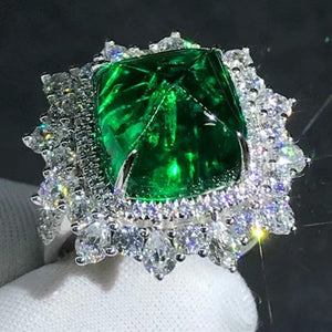 Green Starburst Big 7.2 Carat Rare Cabochon Cut Lab Grown Emerald Double Halo Pave Ring - 9K, 14K, 18K Solid Gold and 950 Platinum