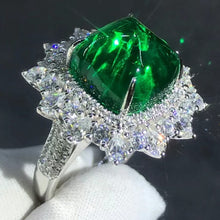 Load image into Gallery viewer, Green Starburst Big 7.2 Carat Rare Cabochon Cut Lab Grown Emerald Double Halo Pave Ring - 9K, 14K, 18K Solid Gold and 950 Platinum