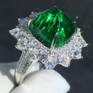 Green Starburst Big 7.2 Carat Rare Cabochon Cut Lab Grown Emerald Double Halo Pave Ring - 9K, 14K, 18K Solid Gold and 950 Platinum