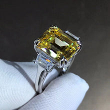 Load image into Gallery viewer, 5 Carat Emerald cut Moissanite Ring Vivid Yellow VVS Three-stone