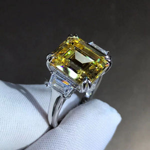 5 Carat Emerald cut Moissanite Ring Vivid Yellow VVS Three-stone