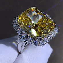 Load image into Gallery viewer, 10 Carat Radiant cut Moissanite Ring Rare Vivid Yellow VVS Halo Three Stone