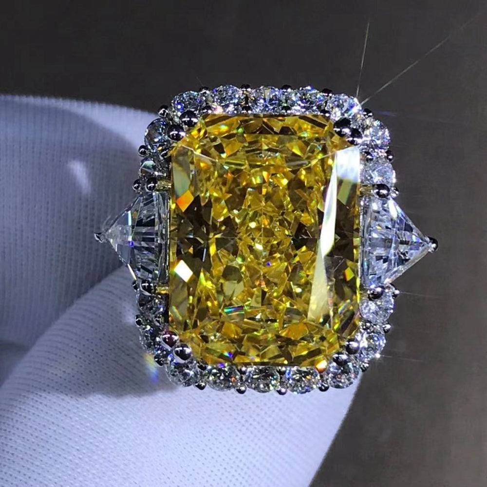 10 Carat Radiant cut Moissanite Ring Rare Vivid Yellow VVS Halo Three Stone