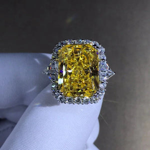10 Carat Radiant cut Moissanite Ring Rare Vivid Yellow VVS Halo Three Stone