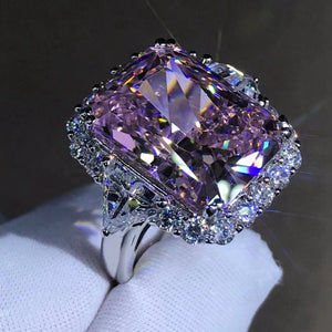 10 Carat Radiant Cut Pink Halo Three Stone VVS Moissanite Ring
