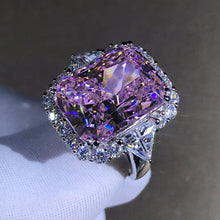 Load image into Gallery viewer, 10 Carat Radiant Cut Pink Halo Three Stone VVS Moissanite Ring