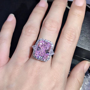 10 Carat Radiant Cut Pink Halo Three Stone VVS Moissanite Ring