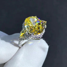 Load image into Gallery viewer, 5 Carat Oval Cut Moissanite Ring Vivid Yellow VVS Halo Three-stone