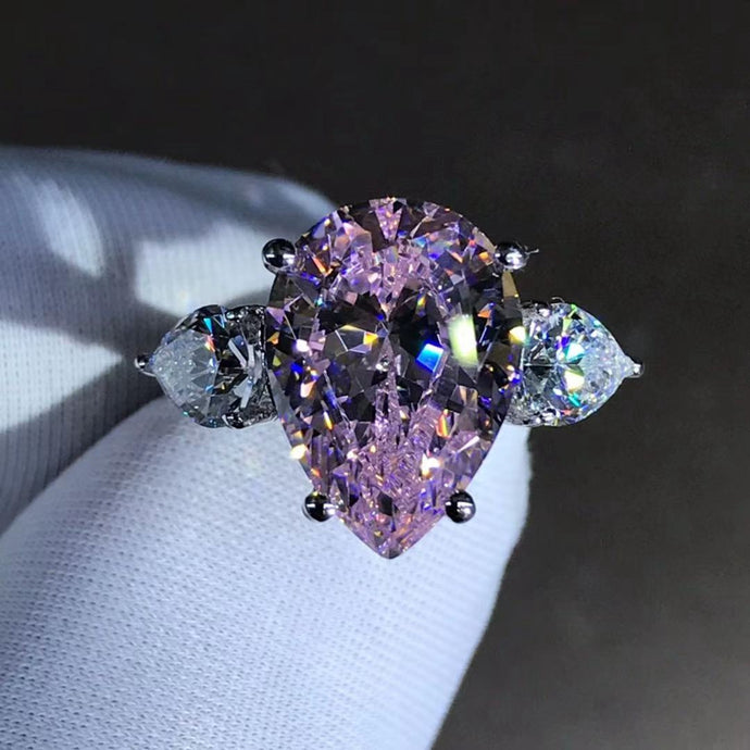 6 Carat Pink Pear Cut Three Stone VVS Moissanite Ring