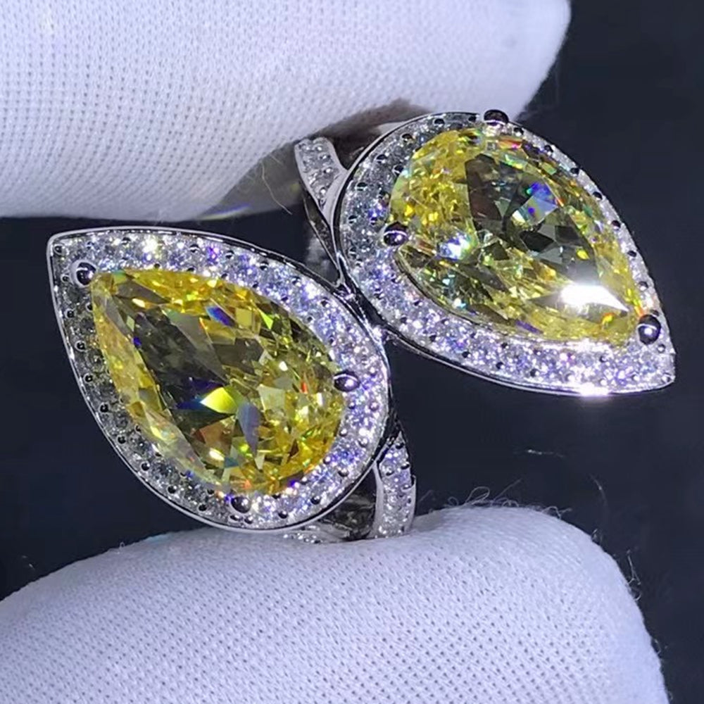 8 CTW Pear cut Moissanite Ring Vivid Yellow VVS Two stone Halo