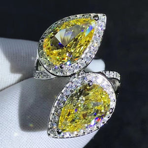 8 CTW Pear cut Moissanite Ring Vivid Yellow VVS Two stone Halo