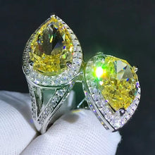 Load image into Gallery viewer, 8 CTW Pear cut Moissanite Ring Vivid Yellow VVS Two stone Halo