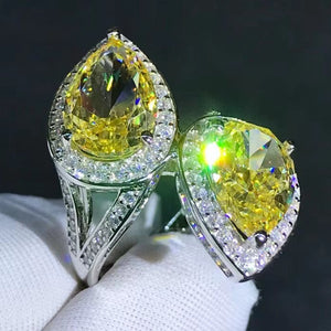 8 CTW Pear cut Moissanite Ring Vivid Yellow VVS Two stone Halo