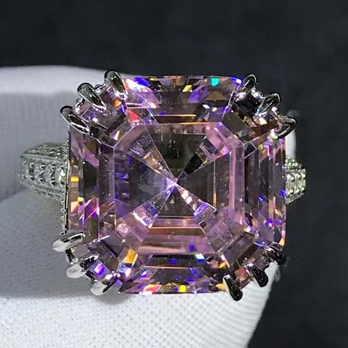 HUGE 10 Carat Pink Asscher Cut Subtle Halo Filigree VVS Moissanite Ring