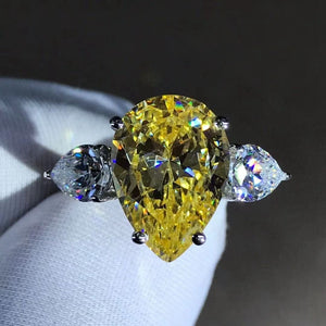 6 Carat Canary Pear Cut Moissanite Ring Vivid Yellow VVS Three Stone