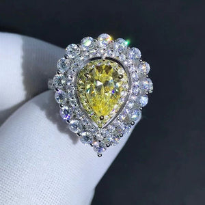 2 Carat Canary Pear Cut Moissanite Ring Vivid Yellow VVS Triple Halo