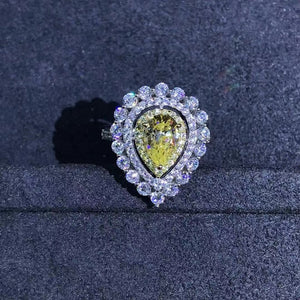 2 Carat Canary Pear Cut Moissanite Ring Vivid Yellow VVS Triple Halo