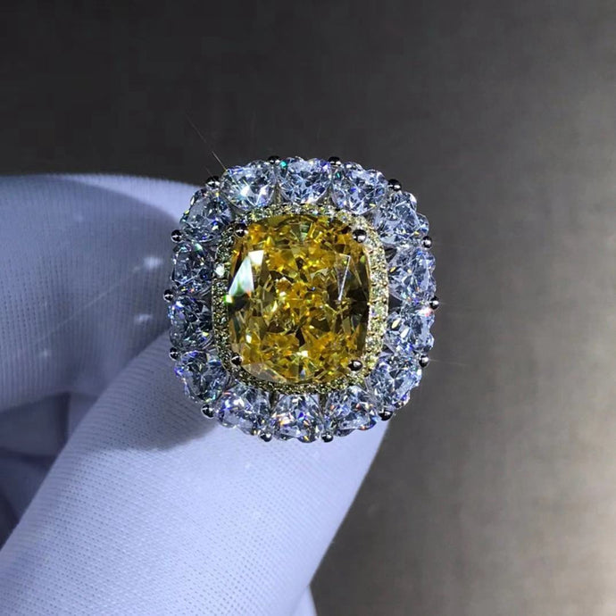 6 Carat Cushion Cut Moissanite Ring Vivid Yellow VVS Two-tone Double Halo