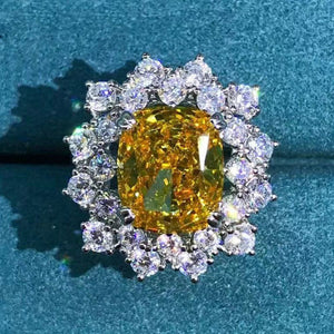 6 Carat Cushion cut Moissanite Ring Deep Yellow VVS Halo