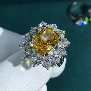 6 Carat Cushion cut Moissanite Ring Deep Yellow VVS Halo