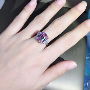 5 Carat Emerald Cut Pink Double Prong Three Stone VVS Moissanite Ring