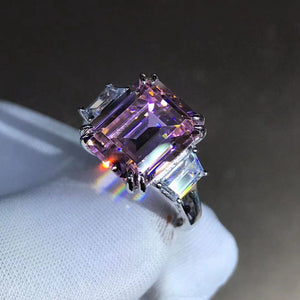 5 Carat Emerald Cut Pink Double Prong Three Stone VVS Moissanite Ring