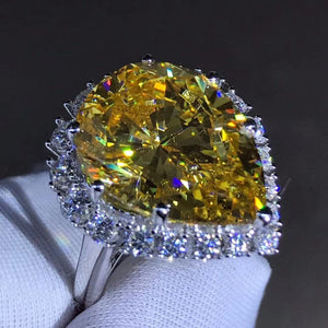 10 Carat Pear Cut Moissanite Ring Rare Vivid Yellow VVS Halo