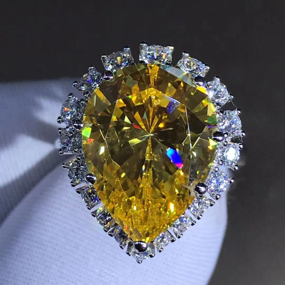 10 Carat Pear Cut Moissanite Ring Rare Vivid Yellow VVS Halo
