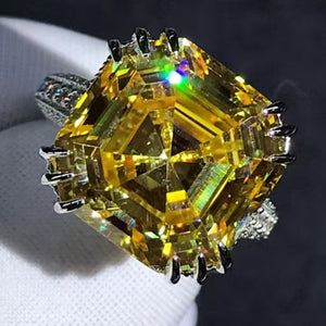 10 Carat Asscher cut Moissanite Ring Vivid Yellow VVS Hidden Halo