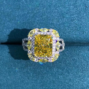Elegant 3 Carat Radiant Cut Moissanite Ring Vivid Yellow VVS two-tone Double Halo