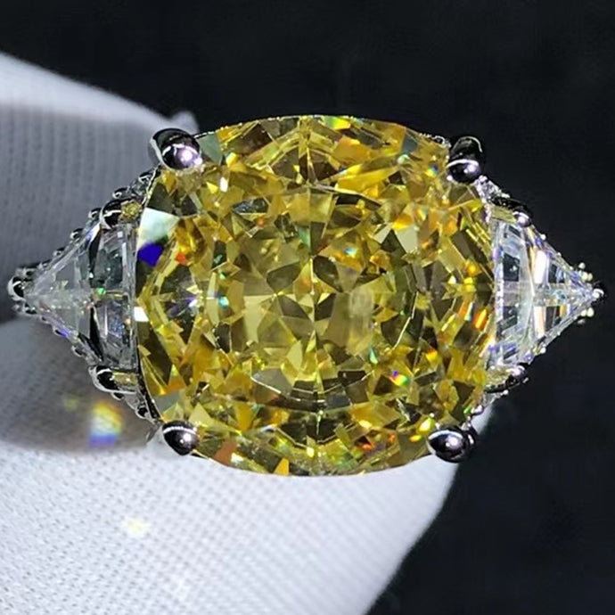 Cute 6 Carat Cushion Cut Moissanite Ring Vivid Yellow VVS Three-stone