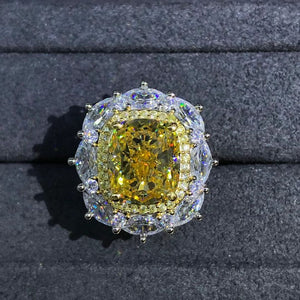 6 Carat Cushion Cut Moissanite Ring Vivid Yellow VVS Double Halo