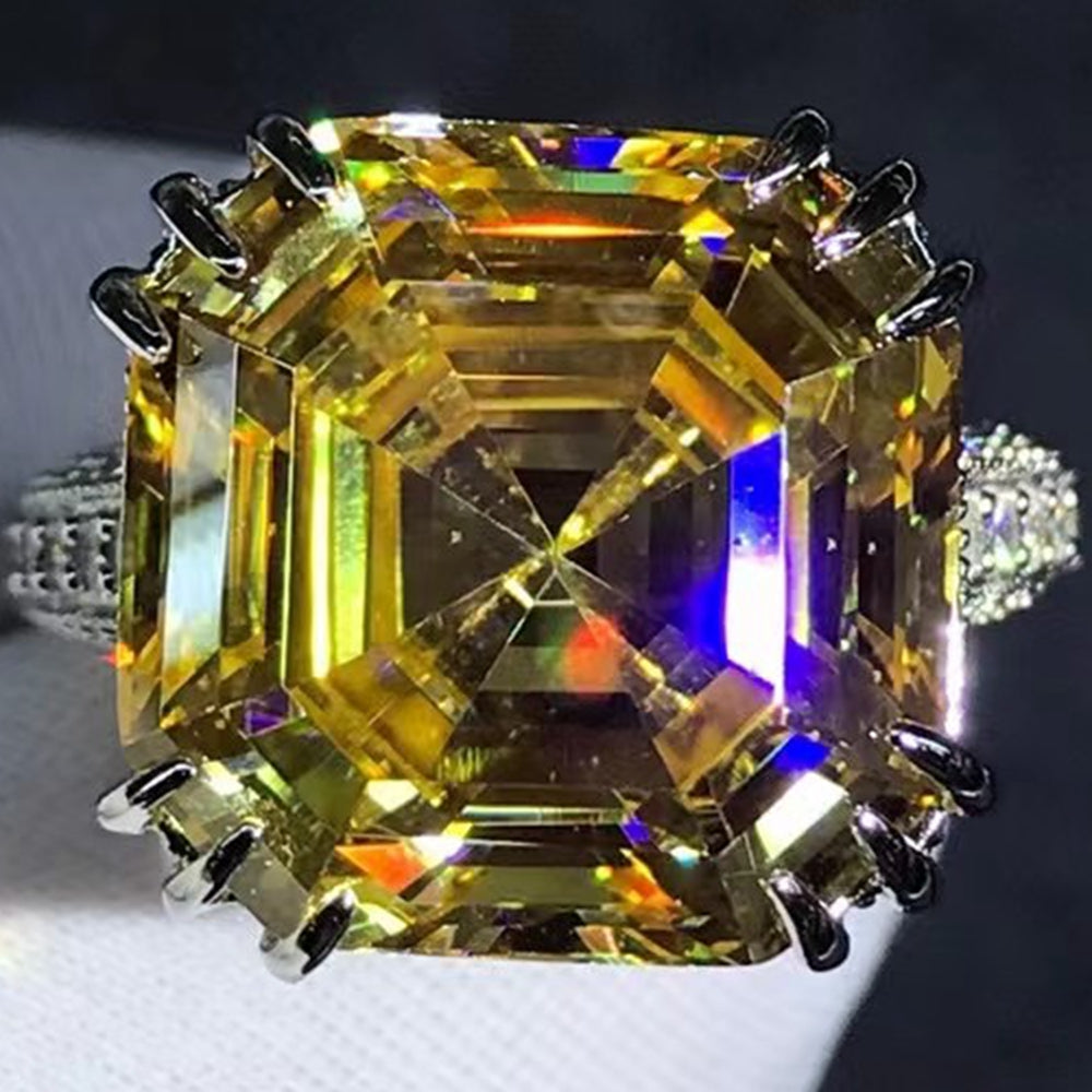 10 Carat Asscher cut Moissanite Ring Vivid Yellow VVS Hidden Halo