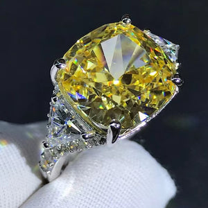 Cute 6 Carat Cushion Cut Moissanite Ring Vivid Yellow VVS Three-stone