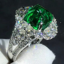 Load image into Gallery viewer, Eye Catching 4.1 Carat Cabochon Cut Lab Grown Emerald Pave Split Shank Halo Ring - 9K, 14K, 18K Solid Gold and 950 Platinum