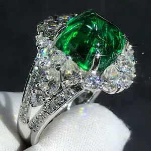 Eye Catching 4.1 Carat Cabochon Cut Lab Grown Emerald Pave Split Shank Halo Ring - 9K, 14K, 18K Solid Gold and 950 Platinum