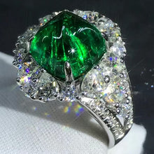 Load image into Gallery viewer, Eye Catching 4.1 Carat Cabochon Cut Lab Grown Emerald Pave Split Shank Halo Ring - 9K, 14K, 18K Solid Gold and 950 Platinum