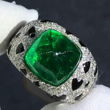 Load image into Gallery viewer, Cheetah Style Full Pave Band Bezel set Big 7.2 Carat Cabochon Cut Lab Grown Emerald Ring - 9K, 14K, 18K Solid Gold and 950 Platinum