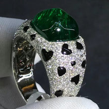 Load image into Gallery viewer, Cheetah Style Full Pave Band Bezel set Big 7.2 Carat Cabochon Cut Lab Grown Emerald Ring - 9K, 14K, 18K Solid Gold and 950 Platinum