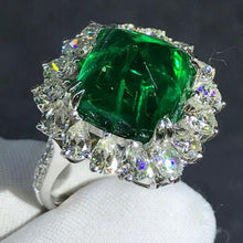Load image into Gallery viewer, CHUNKY 8.6 Carat Cabochon Cut Lab Grown Emerald Pinched Starburst Kite set Ring - 9K, 14K, 18K Solid Gold and 950 Platinum