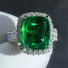 Load image into Gallery viewer, BOLD 7 Carat Big Cabochon Cut Lab Grown Emerald Ring - 4 Claw Halo Wide Band Pave 9K, 14K, 18K Solid Gold and 950 Platinum