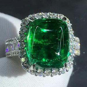 BOLD 7 Carat Big Cabochon Cut Lab Grown Emerald Ring - 4 Claw Halo Wide Band Pave 9K, 14K, 18K Solid Gold and 950 Platinum