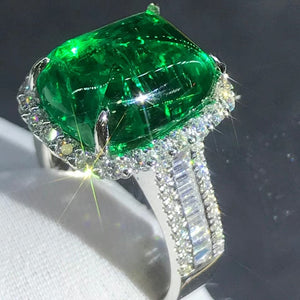 BOLD 7 Carat Big Cabochon Cut Lab Grown Emerald Ring - 4 Claw Halo Wide Band Pave 9K, 14K, 18K Solid Gold and 950 Platinum
