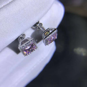 1 Carat Pink Square Radiant Cut Halo Moissanite Stud Earrings