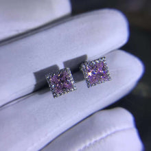 Load image into Gallery viewer, 1 Carat Pink Square Radiant Cut Halo Moissanite Stud Earrings