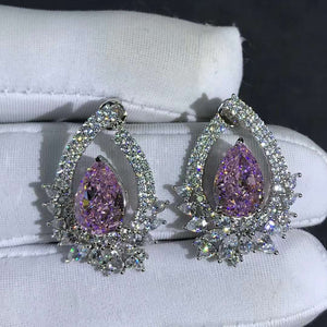 4 Carat Light Champaign Pink Pear Cut Double Halo VVS Simulated Moissanite Stud Earrings