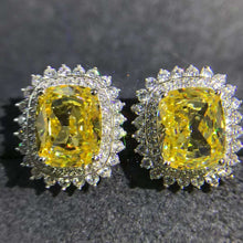Load image into Gallery viewer, 3 Carat Yellow Cushion Cut Starburst Double Halo Moissanite Stud Earrings